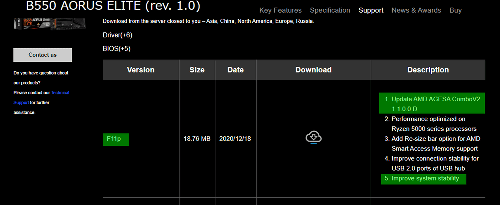 B550 AORUS ELITEに新BIOSが来ているよ